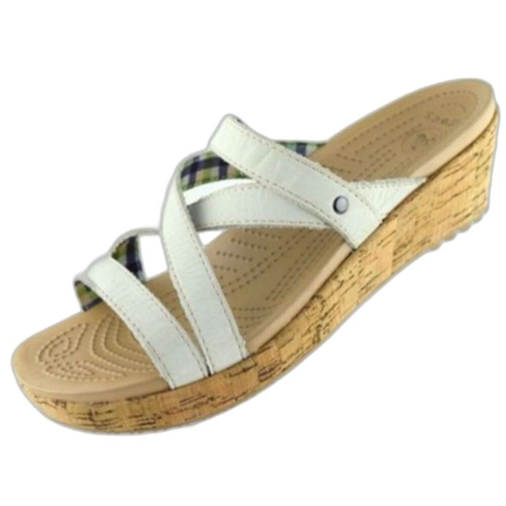 Crocs A-Leigh SIZE 9 Ivory Cork Wedge Heel Comfort Slide‎ Sandals Plaid Interior